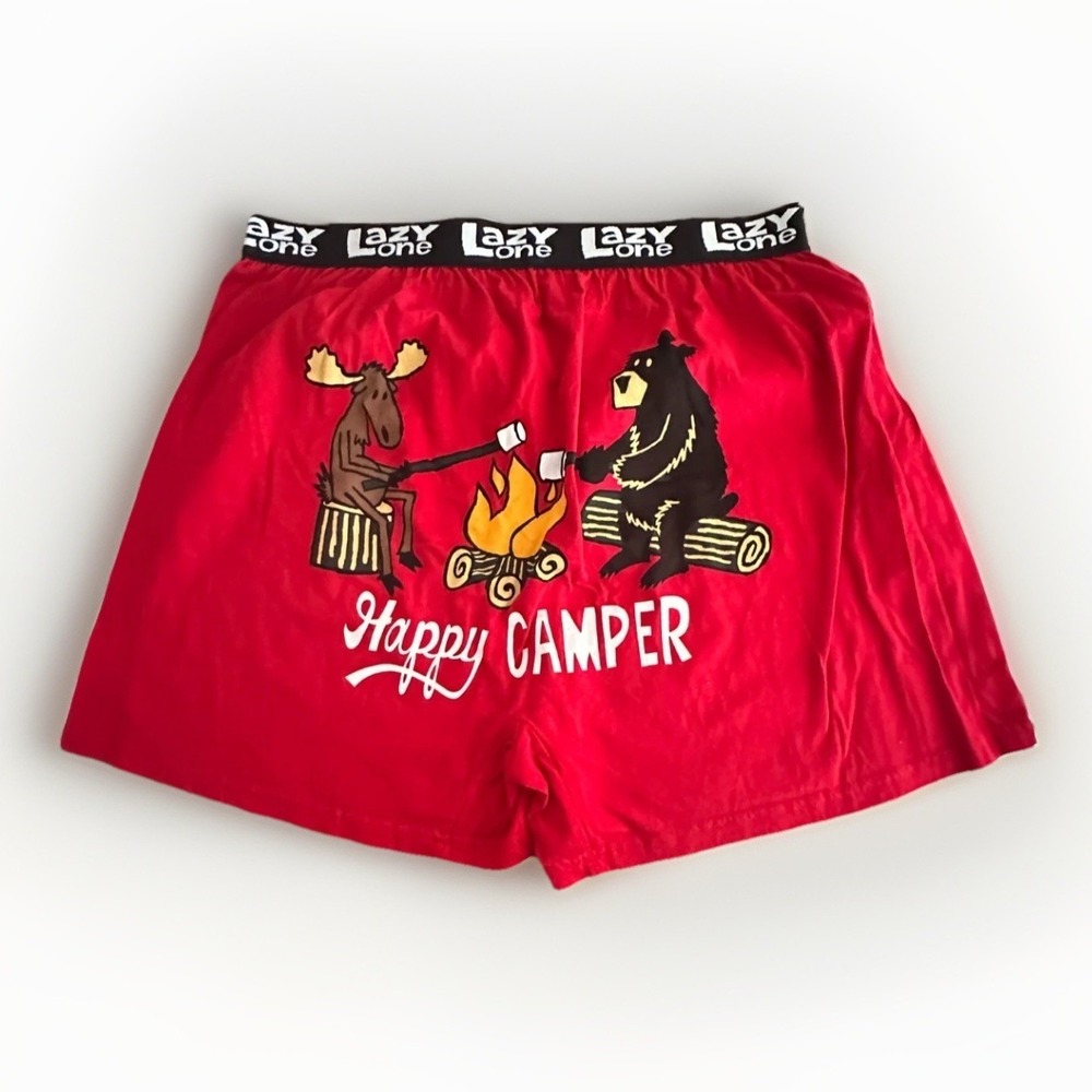 Lazy One Happy Camper‎ Boxer Shorts Pajama XL Red Moose Bear Campfire NWOT
